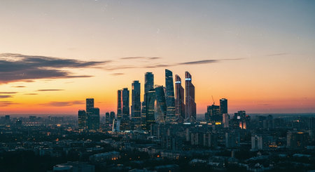 Aerial view of modern skyscrapers in Moscow city at sunsetの素材