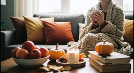 Woman with cup of hot drink and autumn decorations on sofa at homeの素材