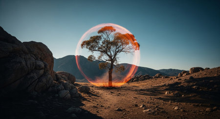 Tree in the desert with a sun flare in the shape of a planetの素材