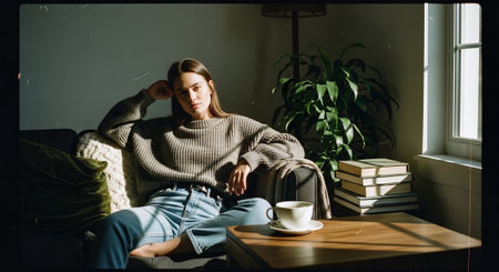 Young woman with cup of coffee sitting on sofa at home in winter.の素材