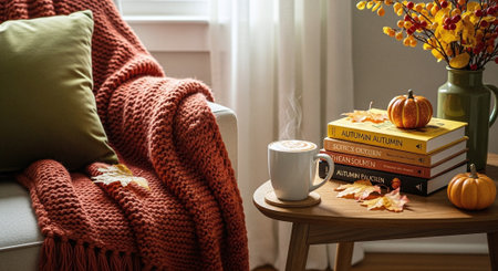 Cozy autumn still life with a cup of coffee, books, autumn leaves and a warm knitted plaid on a chairの素材