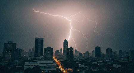 Lightning strike over Bangkok cityscape at night time, Thailand.の素材