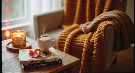 Coffee cup and book on a wooden table in the living roomの素材