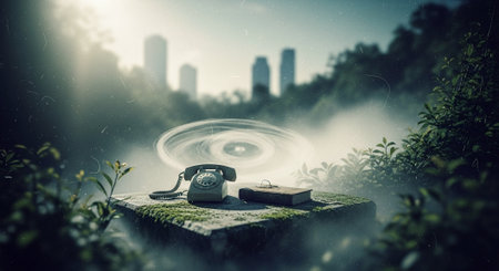 Retro telephone in the mist. Conceptual image. 3d renderingの素材