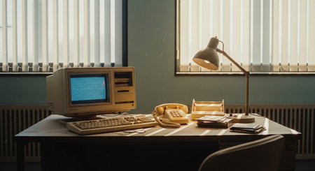 Interior of a modern office with computer, telephone and table lampの素材