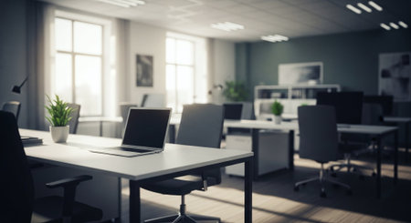 Modern coworking office interior with furniture and equipment. 3D Renderingの素材