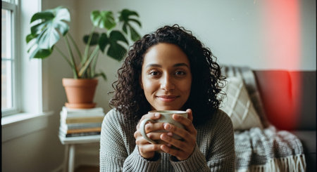Portrait of a beautiful young woman with curly hair drinking coffee at homeの素材