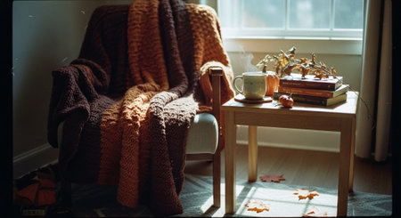 Cozy home interior. Comfortable sofa, books, cup of tea and warm knitted blanket on the windowsill.の素材