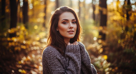 Portrait of a beautiful young brunette woman in autumn forest.の素材