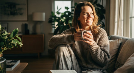 Young woman with cup of coffee sitting on sofa at home in the morningの素材