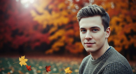 Portrait of a handsome young man in the autumn park. Men's beauty, fashion.の素材