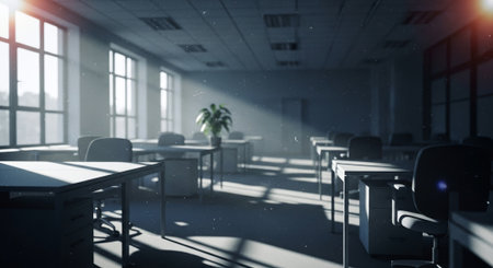 Modern office interior with furniture and sunlight. 3d rendering toned imageの素材