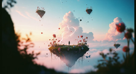 Floating island floating with hot air balloons. 3D Renderingの素材