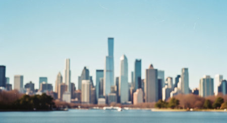 New York City Manhattan skyline panorama with skyscrapers and lake in foreground. Intentionally blurred post production for bokeh effectの素材