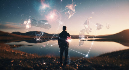 Wireless connection concept with man and abstract background. 3D renderingの素材