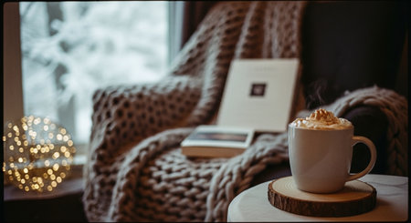 Cup of cappuccino on the background of a cozy armchairの素材