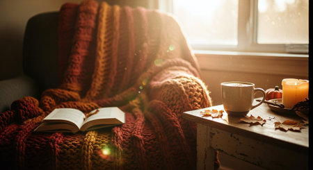 Cozy home interior with cup of hot drink, book and knitted blanket on windowsillの素材