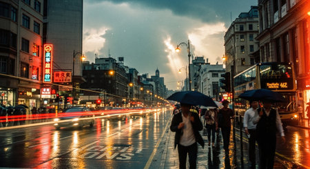 Tourists walking in Oxford street at nightの素材