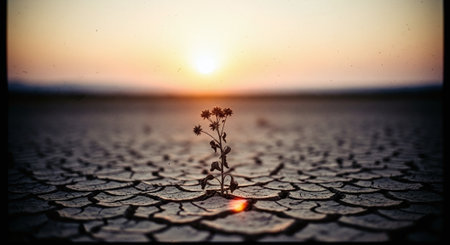 Plant on cracked ground with sunset background, concept of drought and global warmingの素材