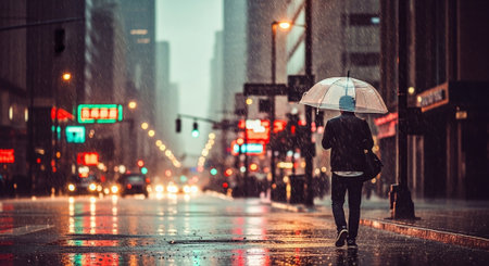Man with umbrella in the rain. Rainy day in the cityの素材