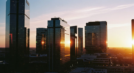 Cityscape at sunset with skyscrapers and sun. 3d renderingの素材