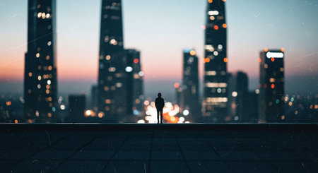 Silhouette of a man standing on the roof of a skyscraper and looking at the cityの素材