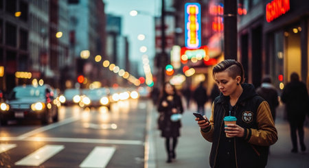 Young woman using mobile phone in New York City at night. Beautiful girl using mobile phone and drinking coffee.の素材