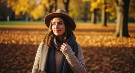 Portrait of a beautiful young woman in a hat and coat in autumn parkの素材
