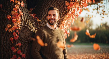 Portrait of a handsome young man standing under a tree in autumn parkの素材