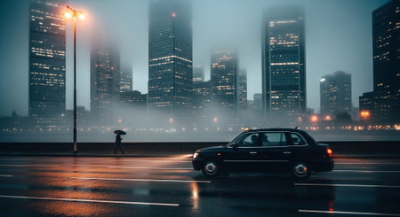 Car on the road in a foggy city at night with lightsの素材