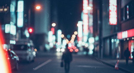 Blurred background of city street at night with bokeh lightsの素材