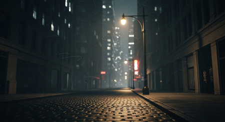 Night city street at the end of a foggy day. 3d renderingの素材