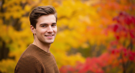 Portrait of a handsome young man in a sweater on a background of autumn leavesの素材