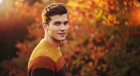 Portrait of a handsome young man in the autumn park. Autumn fashion.の素材