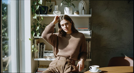 beautiful young woman in beige sweater sitting in cafe with cup of coffeeの素材