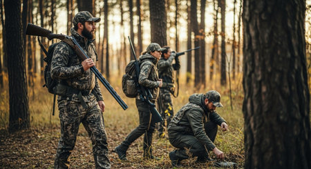 Hunting season. Group of soldiers with guns in the forest.の素材