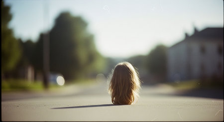Little girl with long blond hair sitting on asphalt road in summer dayの素材