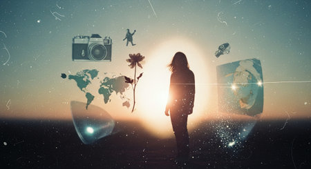 Traveler exploring the world with her camera. Mixed media. Mixed mediaの素材
