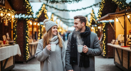 Couple in warm clothes with cup of hot drink on Christmas marketの素材