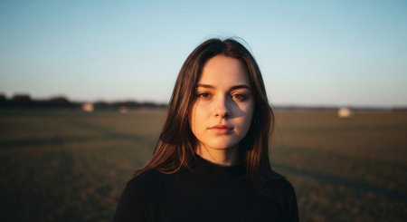 Portrait of a beautiful young brunette girl in the field at sunsetの素材