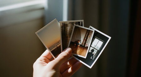 Hand holding a photo of a man and a woman in the roomの素材