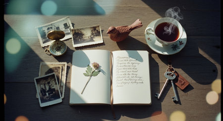 Open book, keys, cup of coffee and old photos on wooden tableの素材