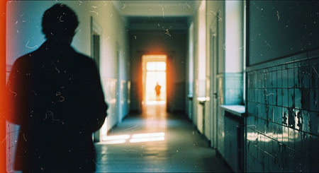 Silhouette of a man walking through a corridor in a hospital.の素材