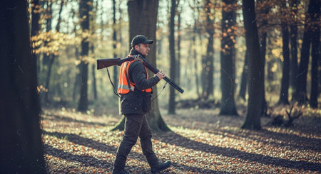 Hunter with a gun in the autumn forest. Hunting in the woodsの素材