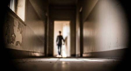 A man in a dark room. The concept of loneliness and depressionの素材