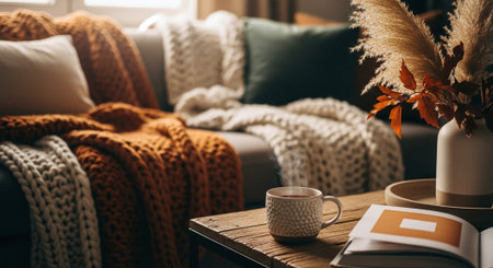 Cozy living room with sofa, coffee cup and knitted plaidの素材