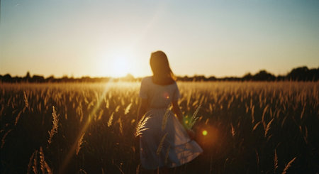 Silhouette of a young girl in a wheat field at sunsetの素材