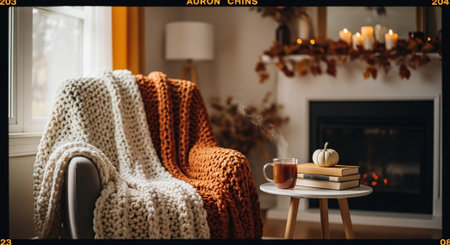 Cozy living room with warm knitted armchair, coffee cup, books and fireplace. Cozy autumn atmosphereの素材