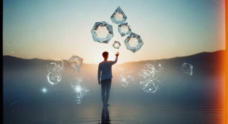 Fantasy image of a man holding a glass cube in his hand.の素材