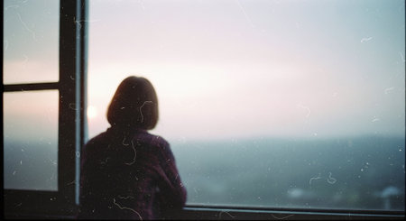 Silhouette of a woman looking out the window at sunset.の素材